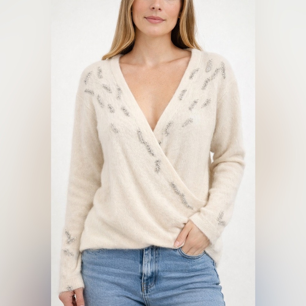 Vintage Cream Cashmere / Mohair (?) Crossover V Neck Sweater w Crystal Beading